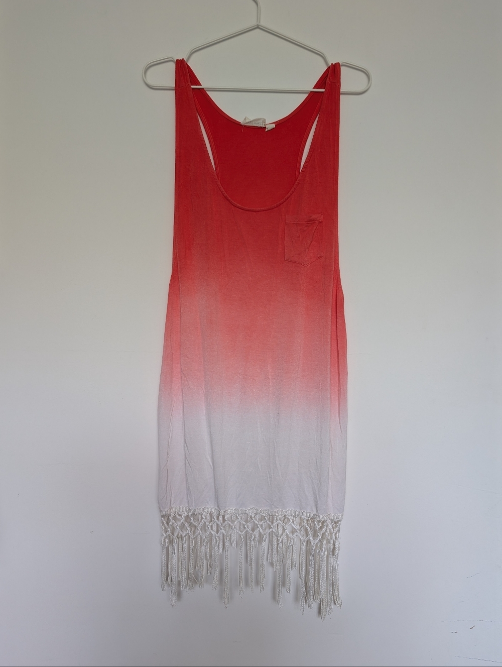 Boho Coral to White Ombre Fringe Tank Dress